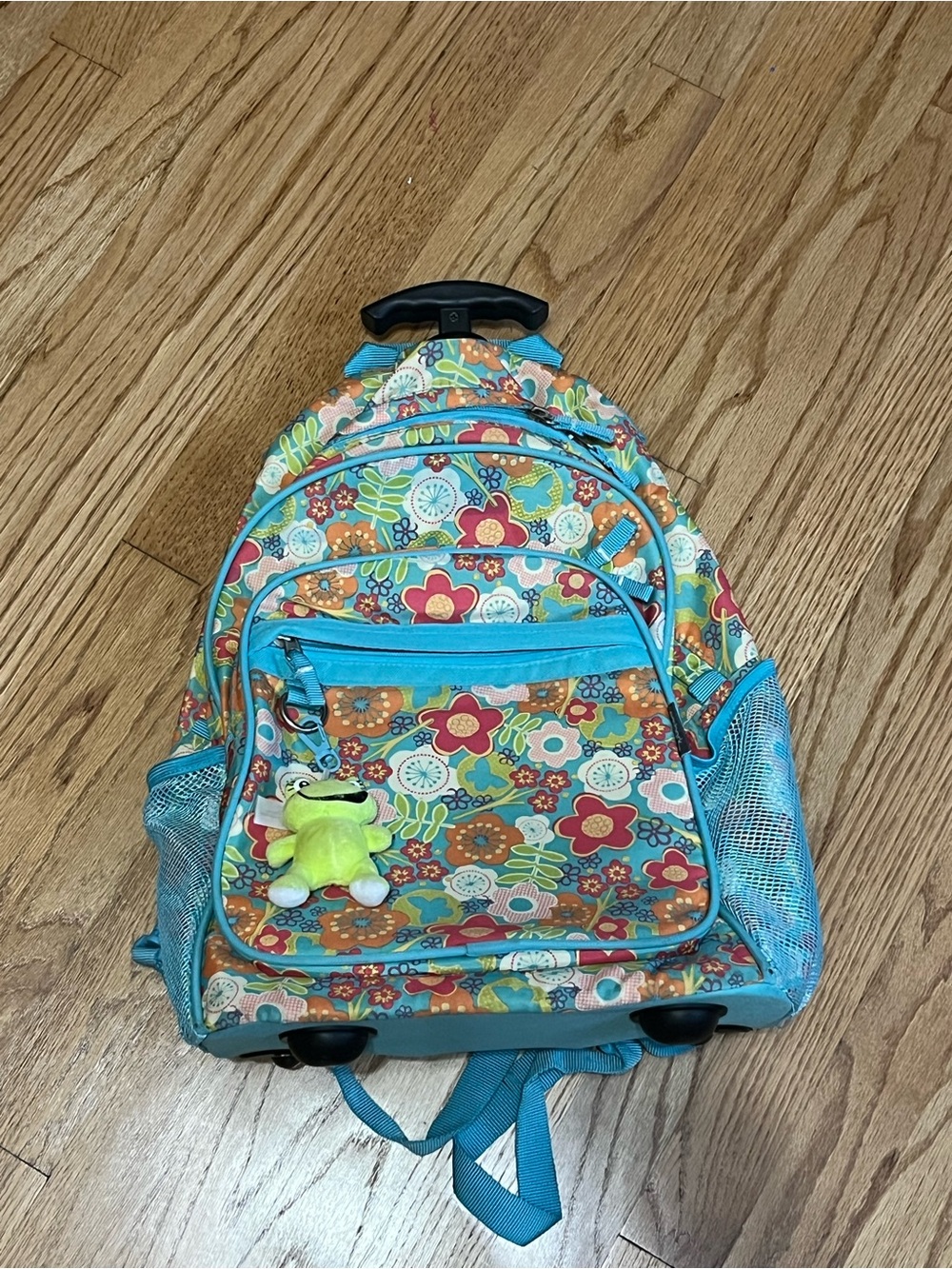 Children's Floral Rolling Backpack in Teal with Frog Charm